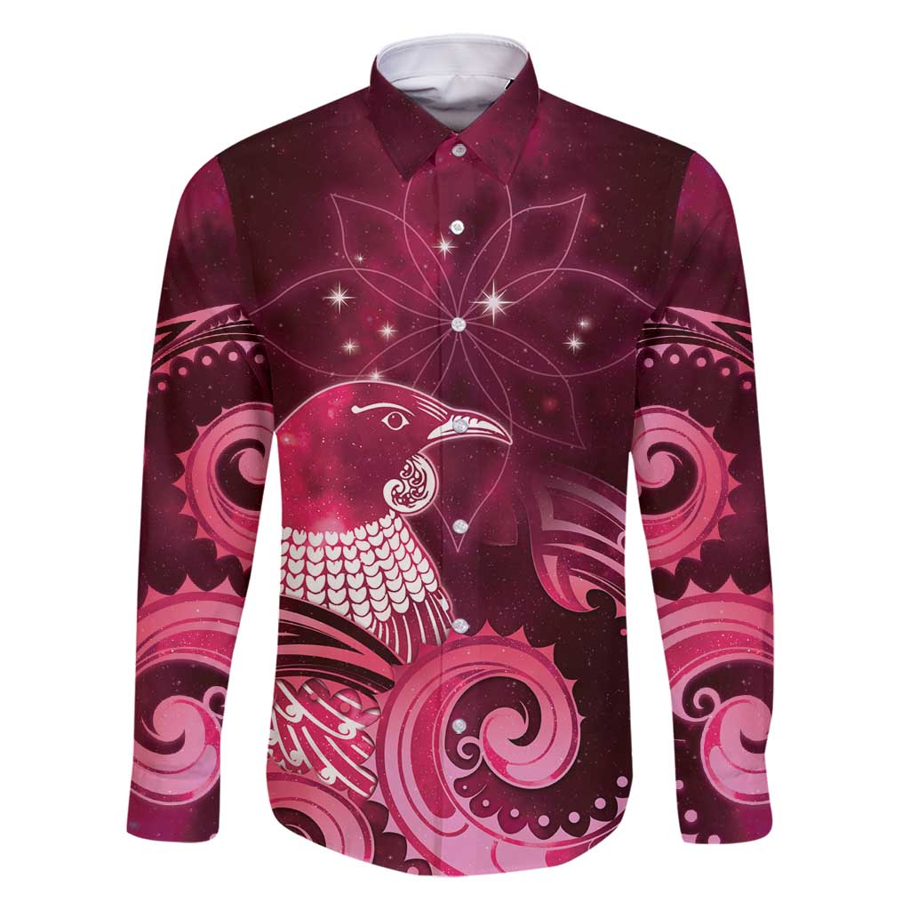 New Zealand Matariki Family Matching Long Sleeve Bodycon Dress and Hawaiian Shirt Maori Tui Bird Magenta Galaxy