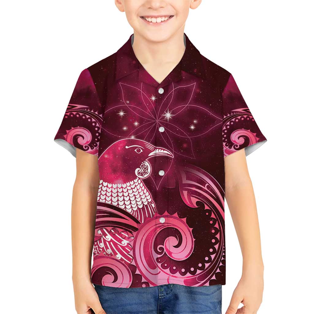 New Zealand Matariki Family Matching Long Sleeve Bodycon Dress and Hawaiian Shirt Maori Tui Bird Magenta Galaxy
