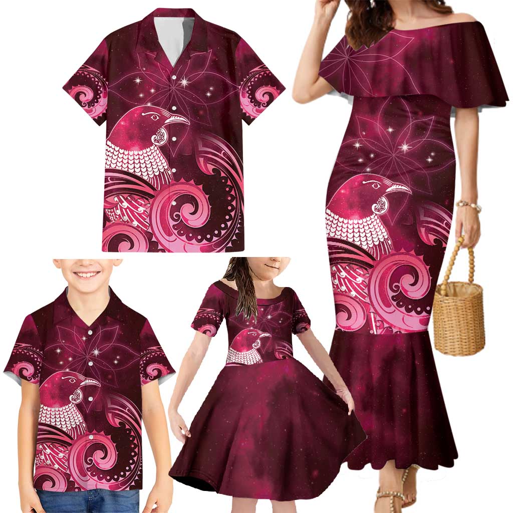New Zealand Matariki Family Matching Mermaid Dress and Hawaiian Shirt Maori Tui Bird Magenta Galaxy