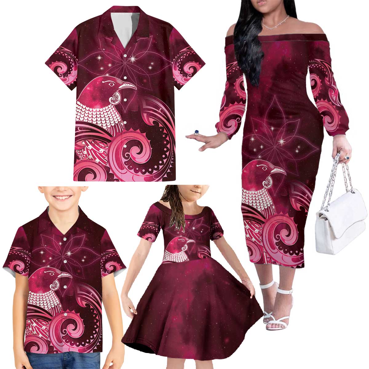 New Zealand Matariki Family Matching Off The Shoulder Long Sleeve Dress and Hawaiian Shirt Maori Tui Bird Magenta Galaxy