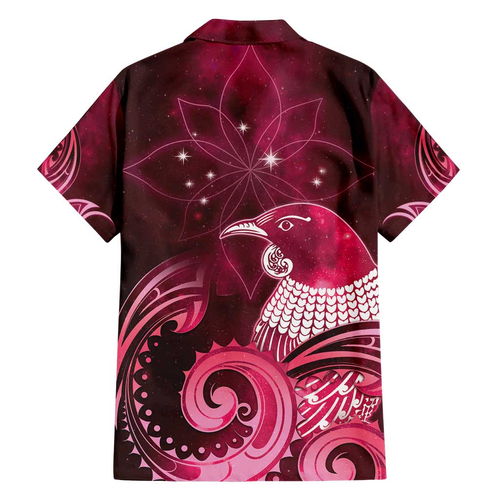 New Zealand Matariki Family Matching Off Shoulder Short Dress and Hawaiian Shirt Maori Tui Bird Magenta Galaxy