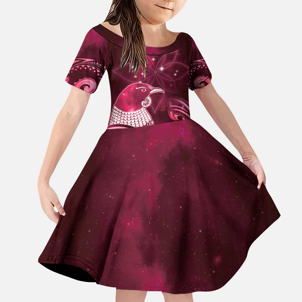 New Zealand Matariki Family Matching Puletasi and Hawaiian Shirt Maori Tui Bird Magenta Galaxy DT05 Daughter's Dress Magenta - Polynesian Pride