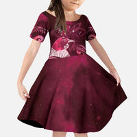 New Zealand Matariki Family Matching Puletasi and Hawaiian Shirt Maori Tui Bird Magenta Galaxy DT05 Daughter's Dress Magenta - Polynesian Pride