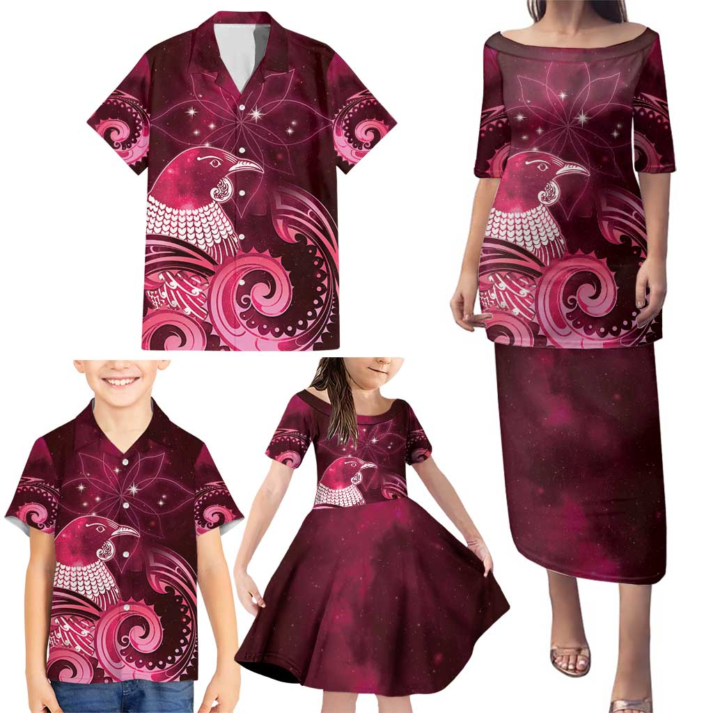 New Zealand Matariki Family Matching Puletasi and Hawaiian Shirt Maori Tui Bird Magenta Galaxy DT05 - Polynesian Pride