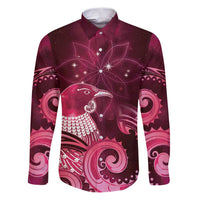 New Zealand Matariki Family Matching Puletasi and Hawaiian Shirt Maori Tui Bird Magenta Galaxy DT05 Dad's Shirt - Long Sleeve Magenta - Polynesian Pride