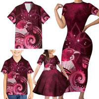 New Zealand Matariki Family Matching Short Sleeve Bodycon Dress and Hawaiian Shirt Maori Tui Bird Magenta Galaxy