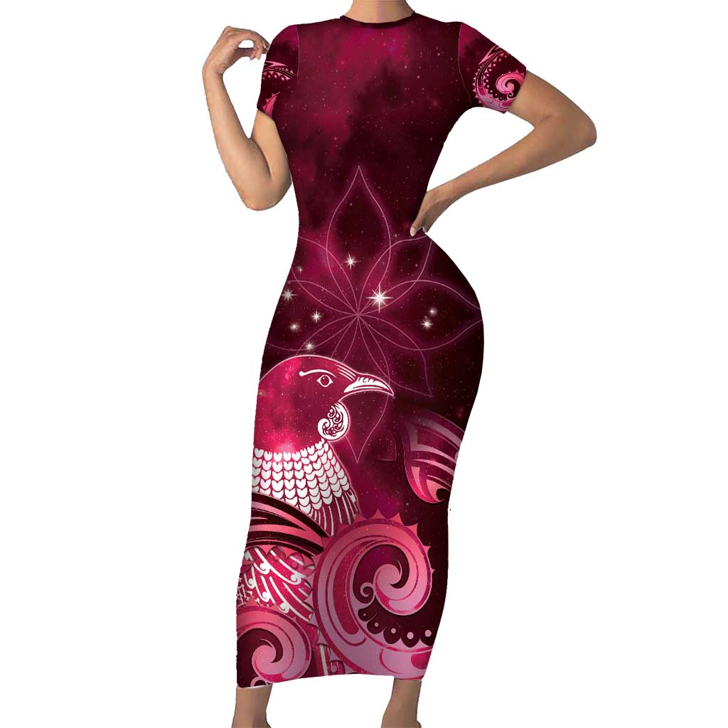 New Zealand Matariki Family Matching Short Sleeve Bodycon Dress and Hawaiian Shirt Maori Tui Bird Magenta Galaxy