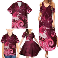 New Zealand Matariki Family Matching Summer Maxi Dress and Hawaiian Shirt Maori Tui Bird Magenta Galaxy