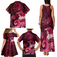 New Zealand Matariki Family Matching Tank Maxi Dress and Hawaiian Shirt Maori Tui Bird Magenta Galaxy