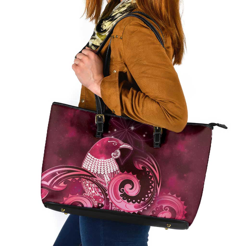 New Zealand Matariki Leather Tote Bag Maori Tui Bird Magenta Galaxy DT05 Magenta - Polynesian Pride