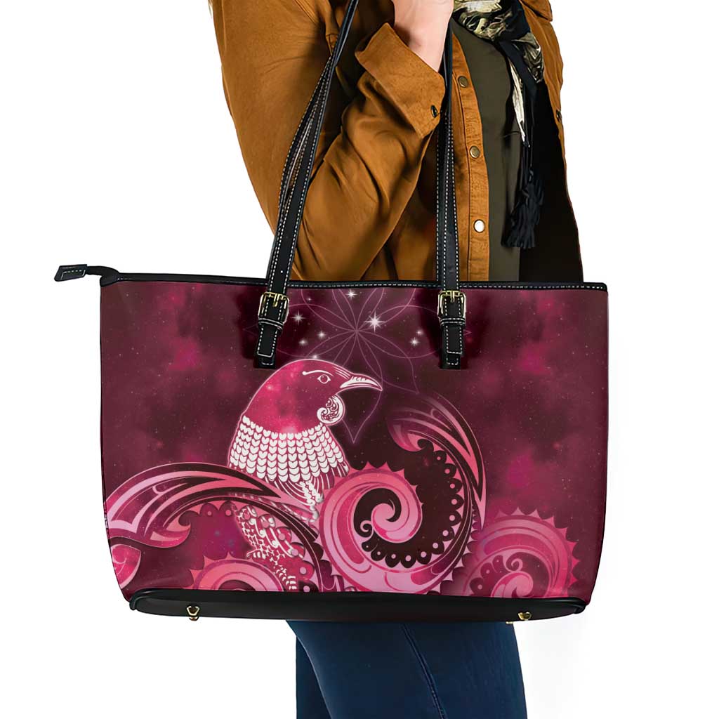 New Zealand Matariki Leather Tote Bag Maori Tui Bird Magenta Galaxy DT05 - Polynesian Pride