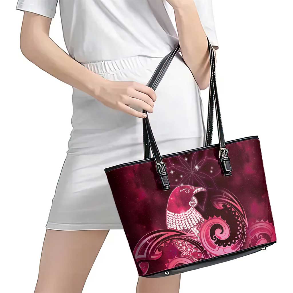 New Zealand Matariki Leather Tote Bag Maori Tui Bird Magenta Galaxy DT05 - Polynesian Pride