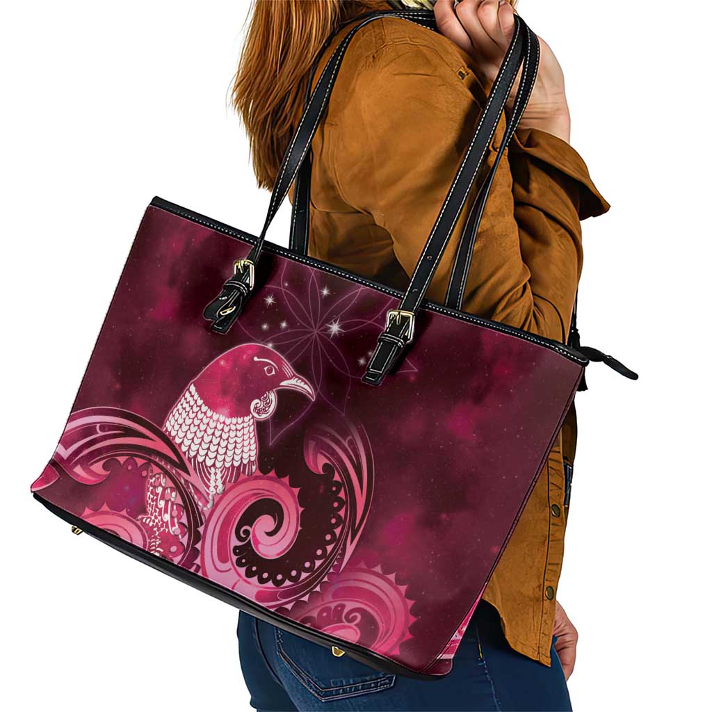 New Zealand Matariki Leather Tote Bag Maori Tui Bird Magenta Galaxy DT05 - Polynesian Pride