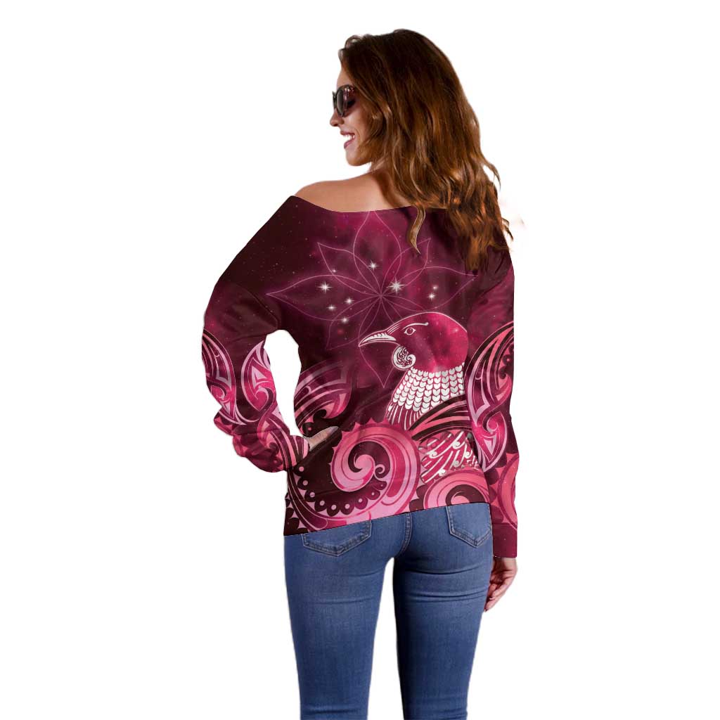 New Zealand Matariki Off Shoulder Sweater Maori Tui Bird Magenta Galaxy