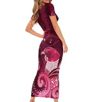 New Zealand Matariki Short Sleeve Bodycon Dress Maori Tui Bird Magenta Galaxy