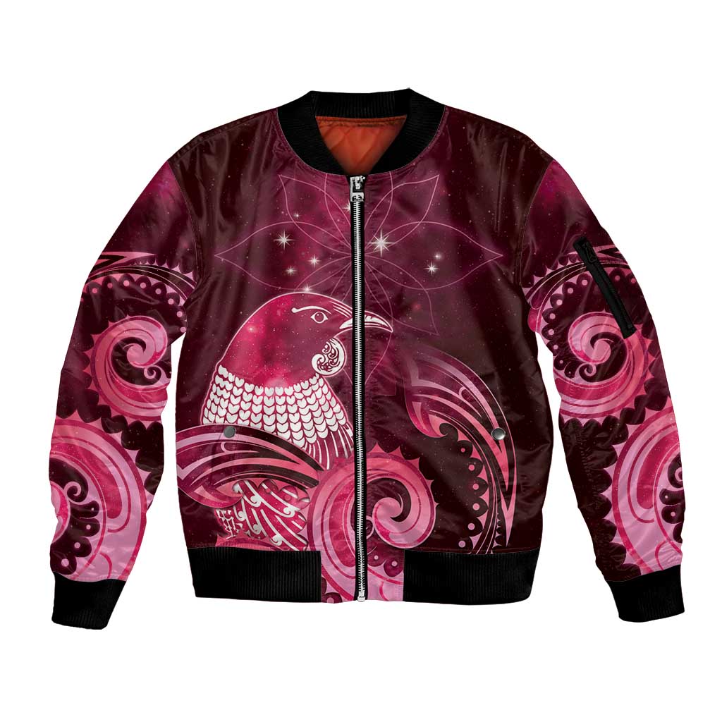 New Zealand Matariki Sleeve Zip Bomber Jacket Maori Tui Bird Magenta Galaxy