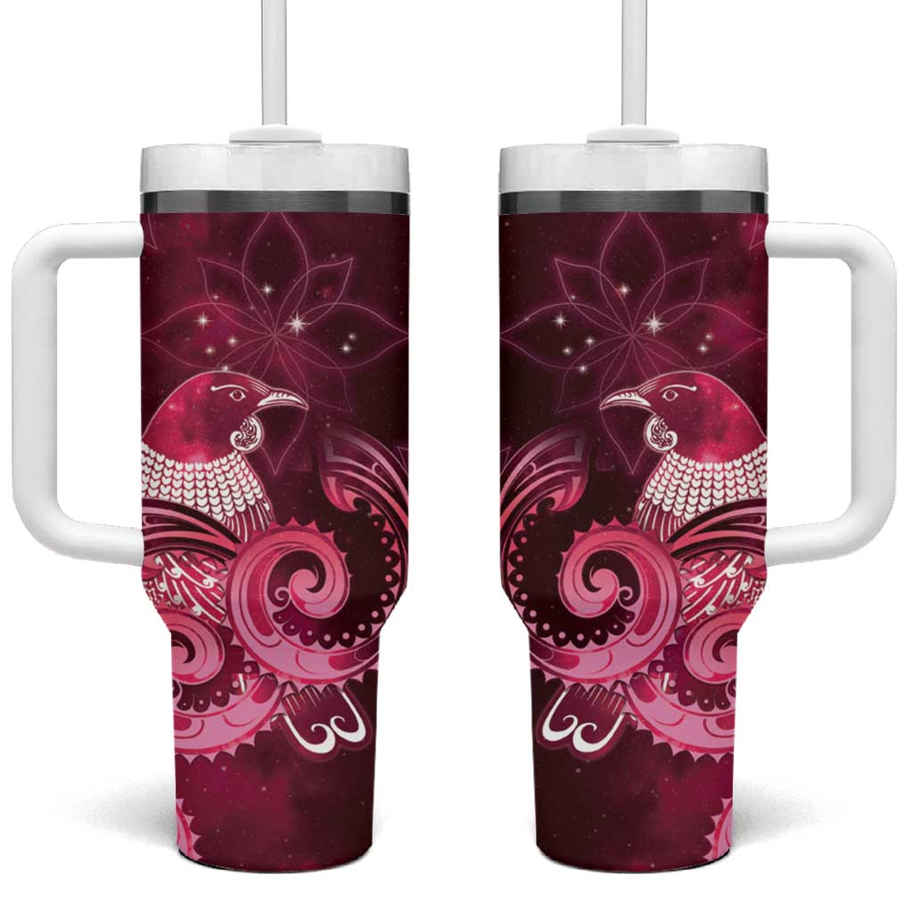 New Zealand Matariki Tumbler With Handle Maori Tui Bird Magenta Galaxy DT05 One Size: 40 oz Magenta - Polynesian Pride