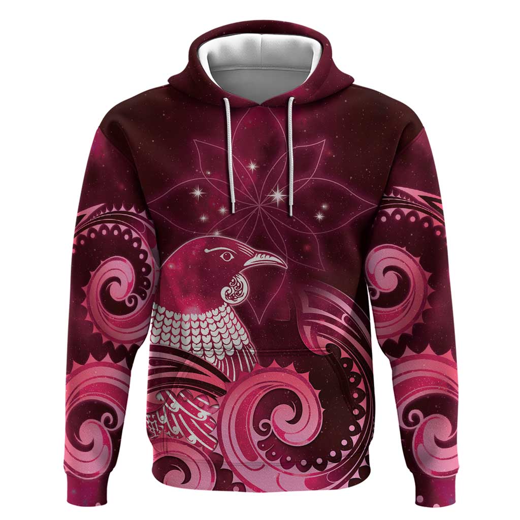 New Zealand Matariki Zip Hoodie Maori Tui Bird Magenta Galaxy DT05 Pullover Hoodie Magenta - Polynesian Pride