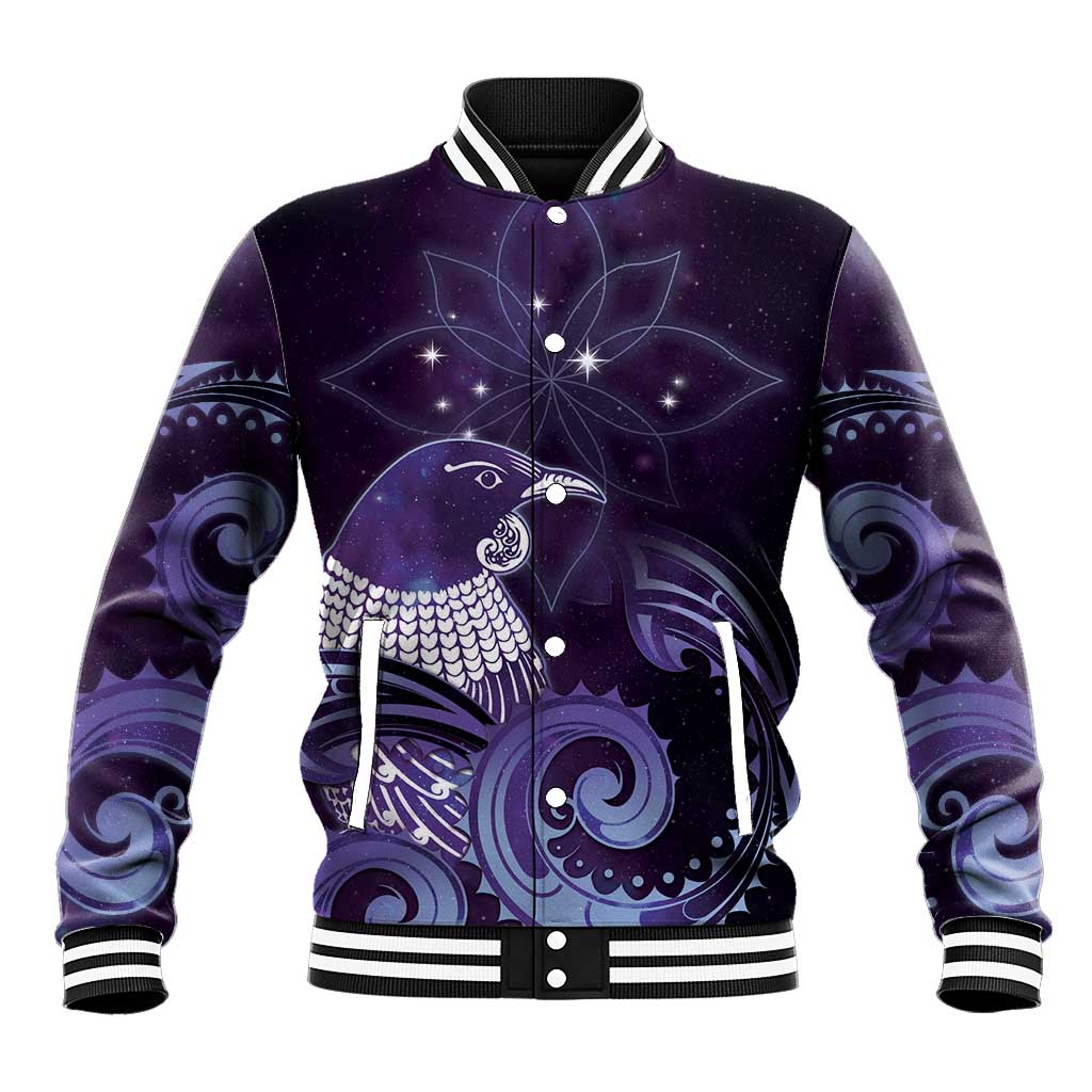New Zealand Matariki Baseball Jacket Maori Tui Bird Purple Galaxy