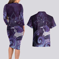New Zealand Matariki Couples Matching Long Sleeve Bodycon Dress and Hawaiian Shirt Maori Tui Bird Purple Galaxy