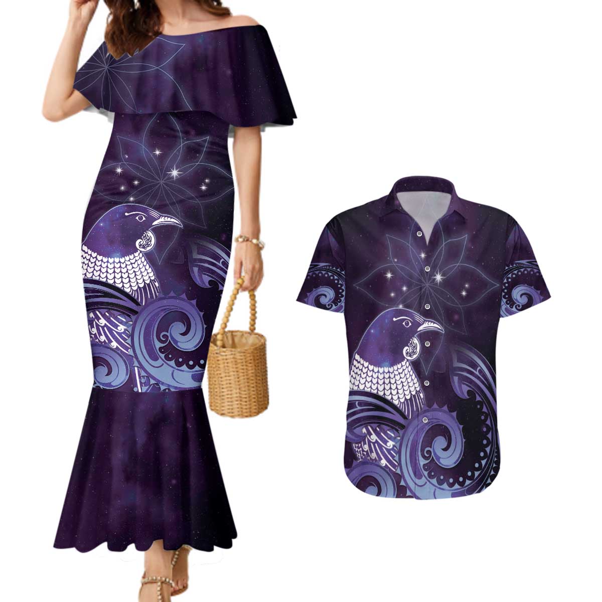 New Zealand Matariki Couples Matching Mermaid Dress and Hawaiian Shirt Maori Tui Bird Purple Galaxy