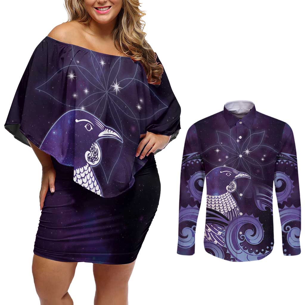 New Zealand Matariki Couples Matching Off Shoulder Short Dress and Long Sleeve Button Shirt Maori Tui Bird Purple Galaxy