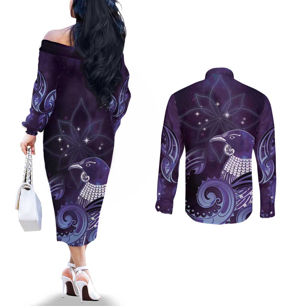 New Zealand Matariki Couples Matching Off The Shoulder Long Sleeve Dress and Long Sleeve Button Shirt Maori Tui Bird Purple Galaxy