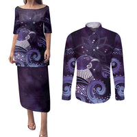 New Zealand Matariki Couples Matching Puletasi and Long Sleeve Button Shirt Maori Tui Bird Purple Galaxy DT05 Purple - Polynesian Pride