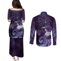 New Zealand Matariki Couples Matching Puletasi and Long Sleeve Button Shirt Maori Tui Bird Purple Galaxy DT05 - Polynesian Pride