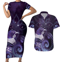 New Zealand Matariki Couples Matching Short Sleeve Bodycon Dress and Hawaiian Shirt Maori Tui Bird Purple Galaxy