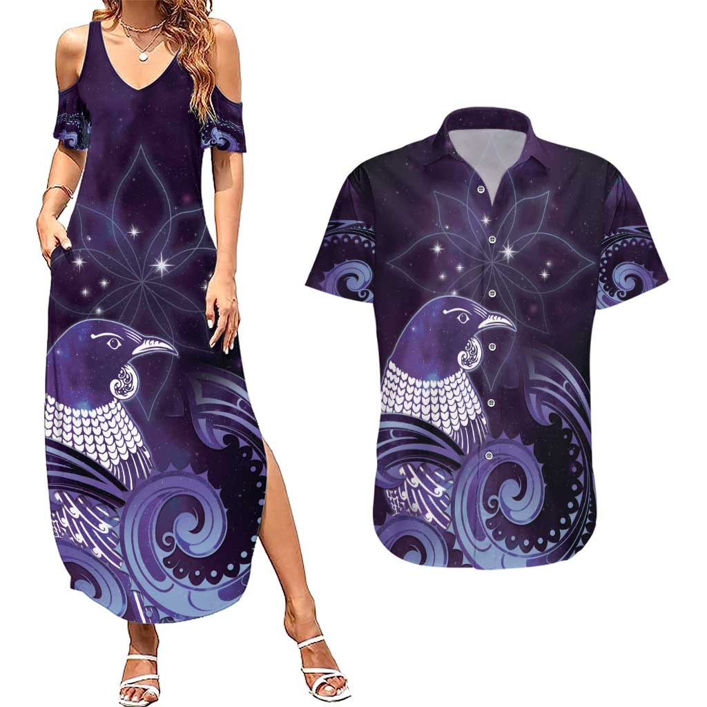 New Zealand Matariki Couples Matching Summer Maxi Dress and Hawaiian Shirt Maori Tui Bird Purple Galaxy