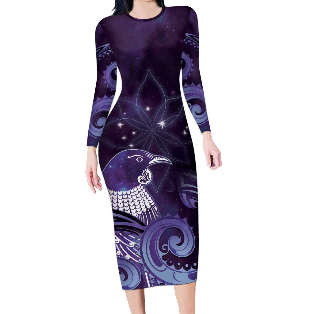 New Zealand Matariki Family Matching Long Sleeve Bodycon Dress and Hawaiian Shirt Maori Tui Bird Purple Galaxy