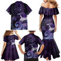 New Zealand Matariki Family Matching Mermaid Dress and Hawaiian Shirt Maori Tui Bird Purple Galaxy