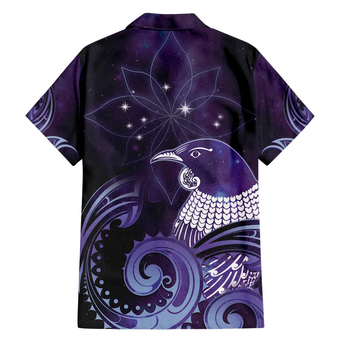 New Zealand Matariki Family Matching Off The Shoulder Long Sleeve Dress and Hawaiian Shirt Maori Tui Bird Purple Galaxy