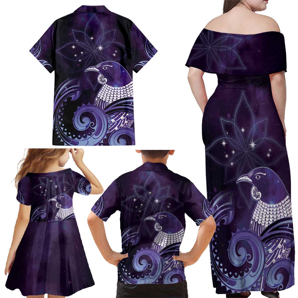 New Zealand Matariki Family Matching Off Shoulder Maxi Dress and Hawaiian Shirt Maori Tui Bird Purple Galaxy