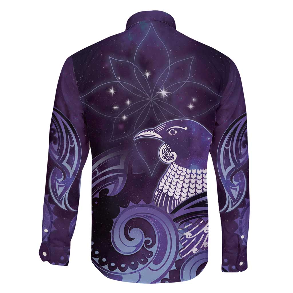 New Zealand Matariki Family Matching Off Shoulder Maxi Dress and Hawaiian Shirt Maori Tui Bird Purple Galaxy