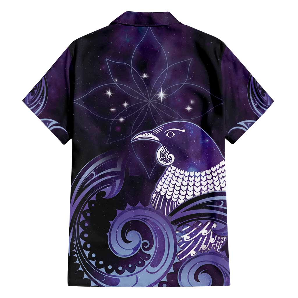 New Zealand Matariki Family Matching Off Shoulder Short Dress and Hawaiian Shirt Maori Tui Bird Purple Galaxy