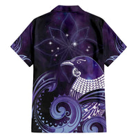 New Zealand Matariki Family Matching Off Shoulder Short Dress and Hawaiian Shirt Maori Tui Bird Purple Galaxy