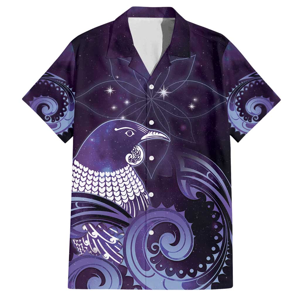 New Zealand Matariki Family Matching Puletasi and Hawaiian Shirt Maori Tui Bird Purple Galaxy DT05 Dad's Shirt - Short Sleeve Purple - Polynesian Pride