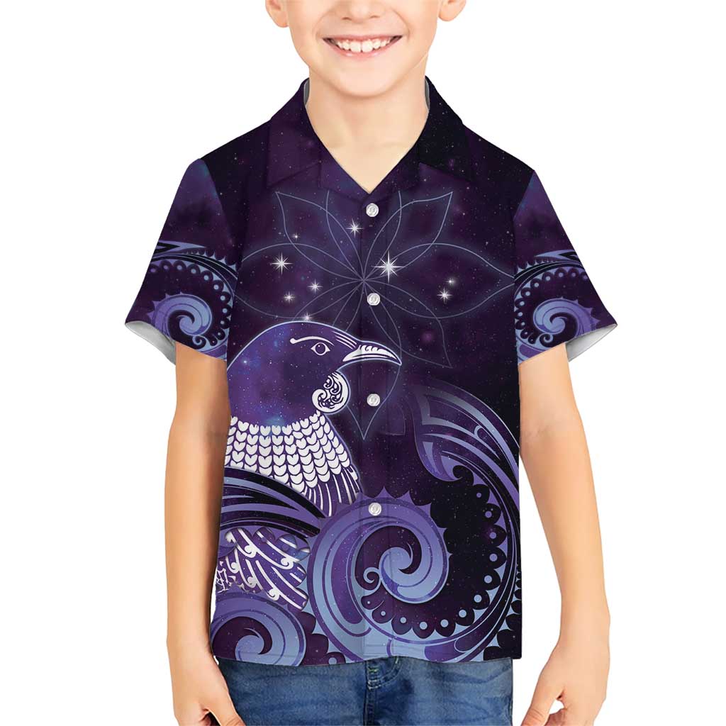 New Zealand Matariki Family Matching Short Sleeve Bodycon Dress and Hawaiian Shirt Maori Tui Bird Purple Galaxy