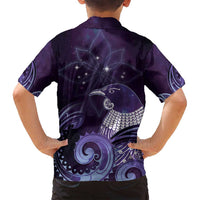 New Zealand Matariki Family Matching Summer Maxi Dress and Hawaiian Shirt Maori Tui Bird Purple Galaxy
