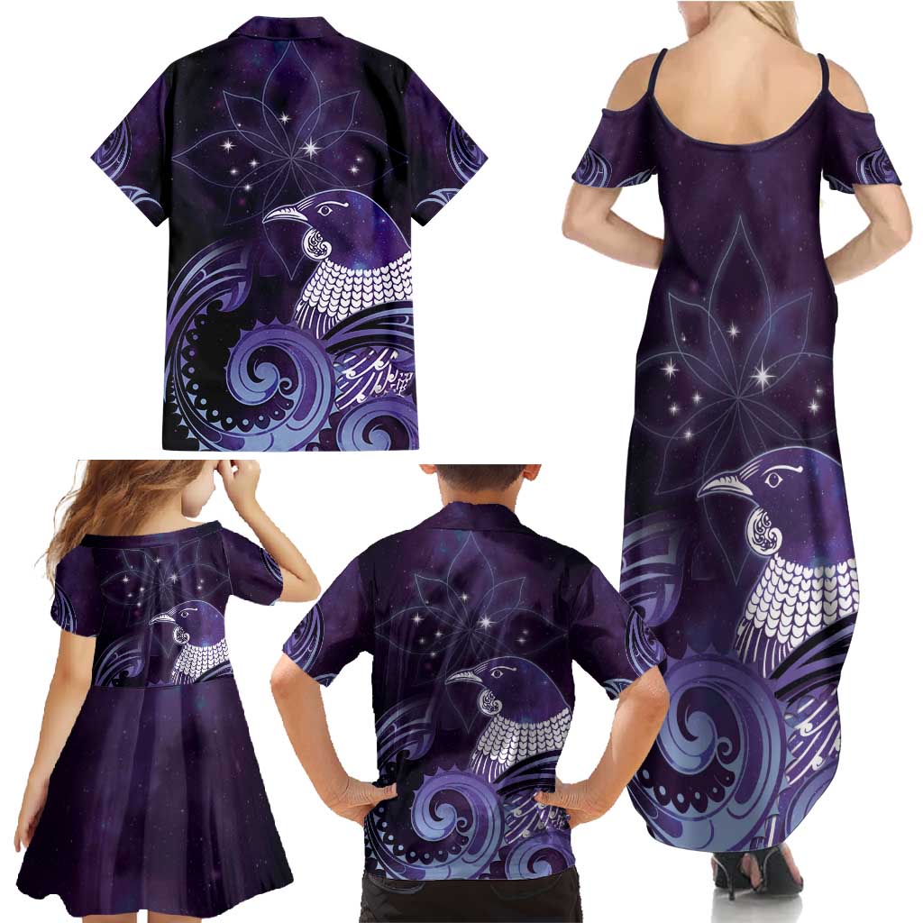 New Zealand Matariki Family Matching Summer Maxi Dress and Hawaiian Shirt Maori Tui Bird Purple Galaxy
