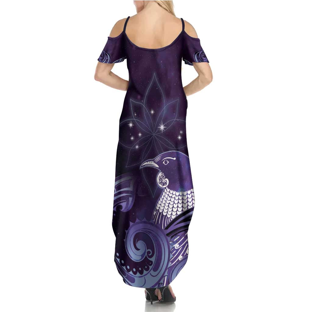 New Zealand Matariki Family Matching Summer Maxi Dress and Hawaiian Shirt Maori Tui Bird Purple Galaxy