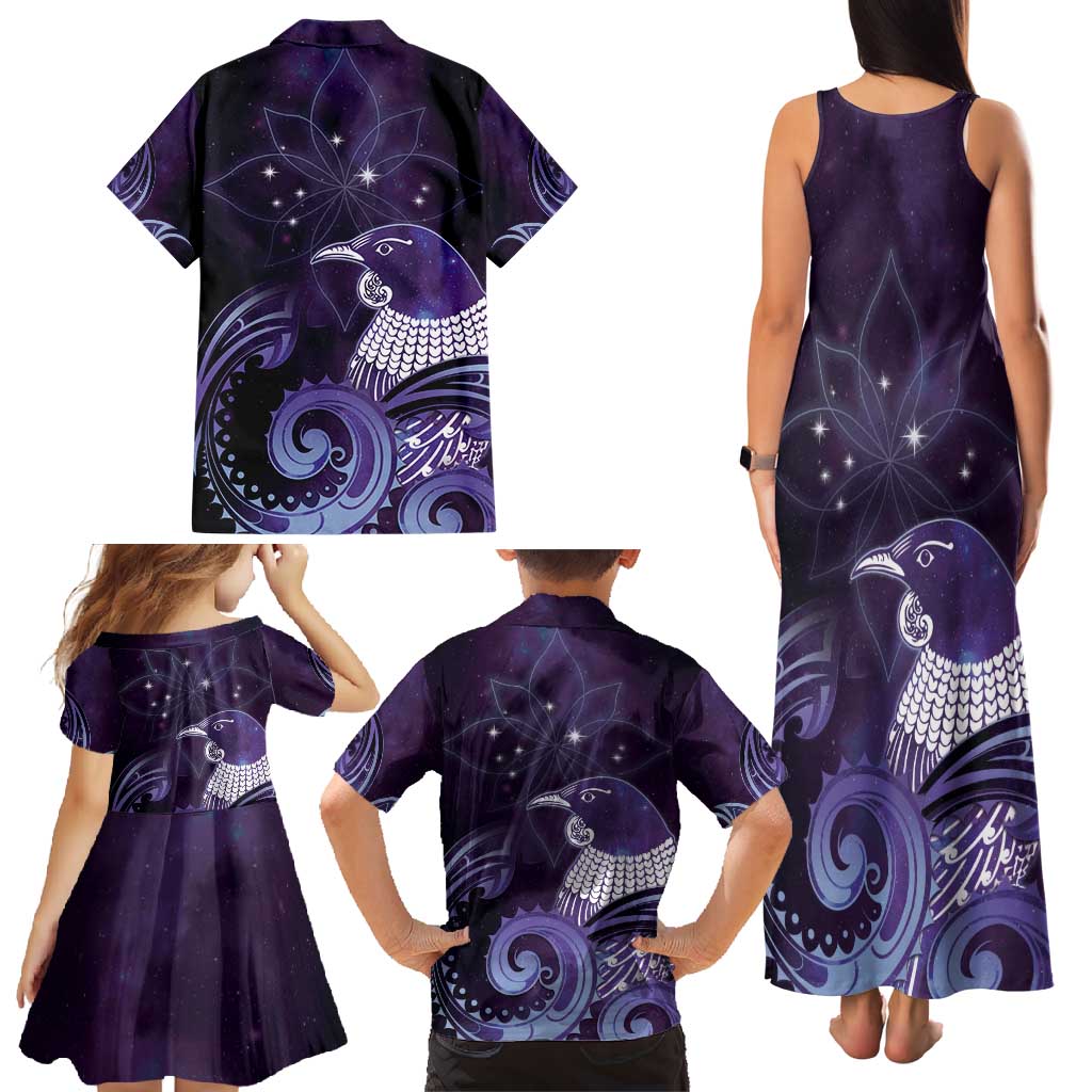 New Zealand Matariki Family Matching Tank Maxi Dress and Hawaiian Shirt Maori Tui Bird Purple Galaxy