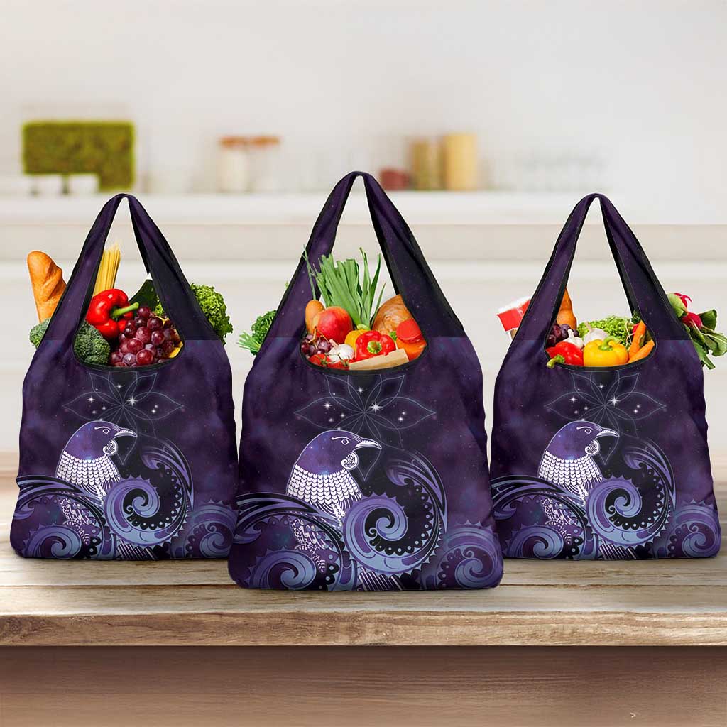 New Zealand Matariki Grocery Bag Maori Tui Bird Purple Galaxy DT05 3-pack One Size Purple - Polynesian Pride