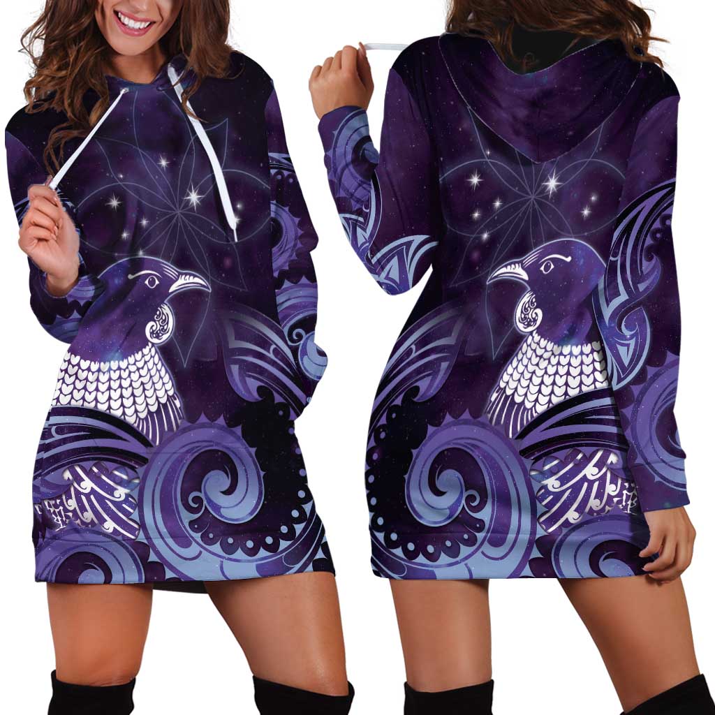 New Zealand Matariki Hoodie Dress Maori Tui Bird Purple Galaxy