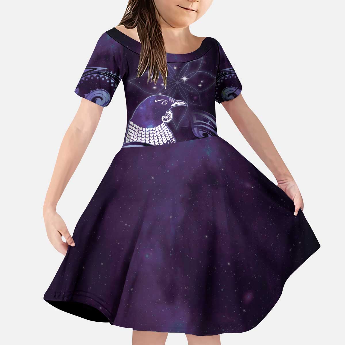 New Zealand Matariki Kid Short Sleeve Dress Maori Tui Bird Purple Galaxy