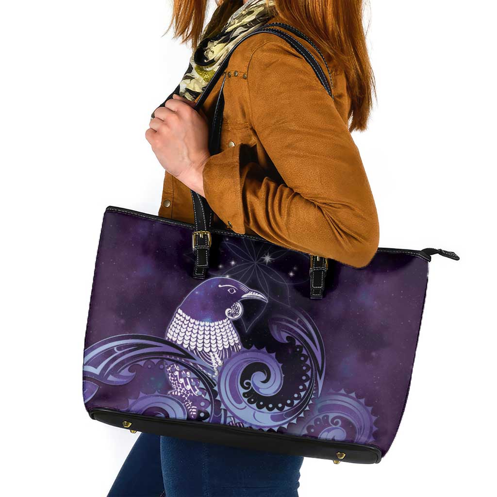 New Zealand Matariki Leather Tote Bag Maori Tui Bird Purple Galaxy DT05 Purple - Polynesian Pride