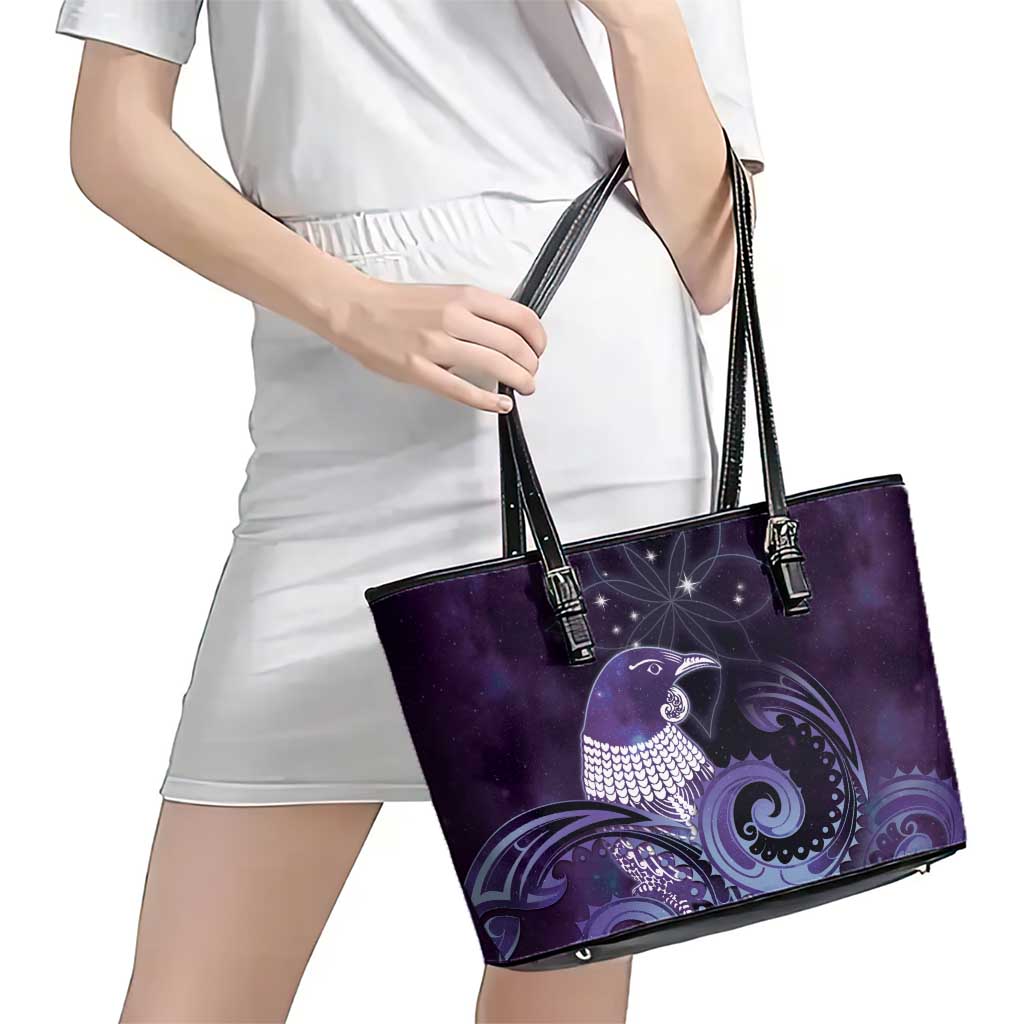 New Zealand Matariki Leather Tote Bag Maori Tui Bird Purple Galaxy DT05 - Polynesian Pride