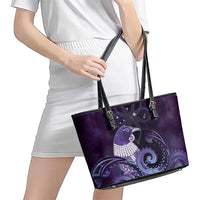 New Zealand Matariki Leather Tote Bag Maori Tui Bird Purple Galaxy DT05 - Polynesian Pride